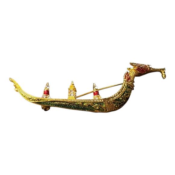Vintage Thai Suphannahong Royal Barge Brooch Gold‎ Tone Enamel Pin Rhinestones - Picture 2 of 5